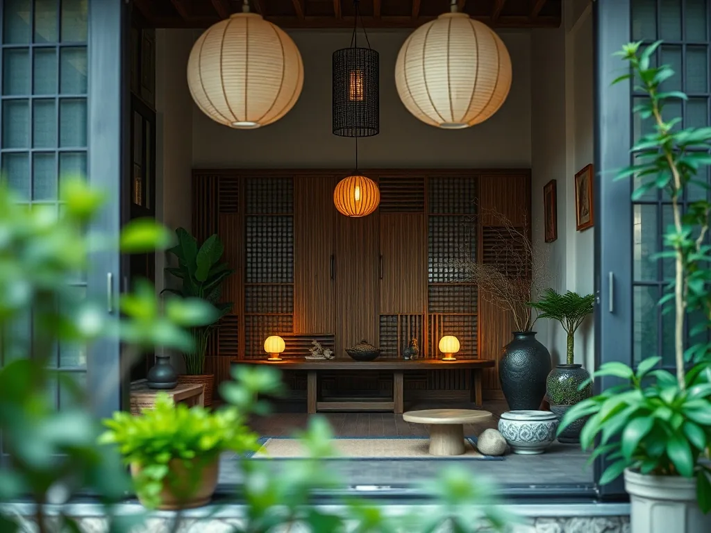 Salon lumineux avec canapé en lin, coussins beiges, carillon en bambou près de la fenêtre et plante verte, ambiance zen et