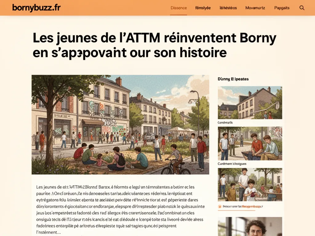 Une jeune femme et un homme plus âgé de l’ATTM entourent une caméra, à l’intérieur du local associatif de Borny, avec des images d’archives du quartier projetées sur un mur derrière eux.
