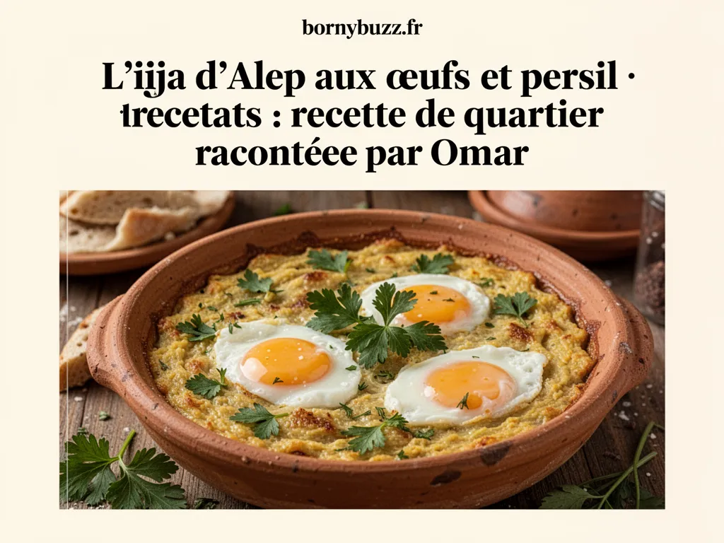 Une poêle en fonte où mijote une ijja dorée, parsemée de persil frais et de poivrons verts, posée sur un plan de travail en bois près d'un bouquet de menthe
