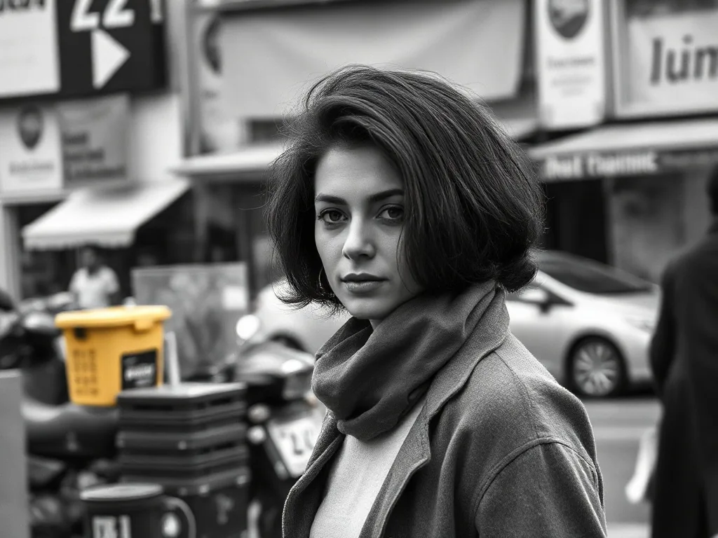 Une femme aux cheveux mi-longs ondulés, regardant de côté, illustrant un style de coiffure moderne et flatteur.